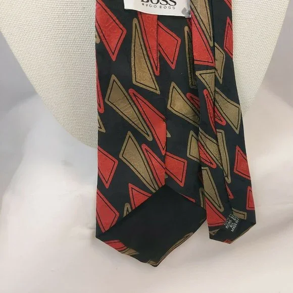 Vintage Hugo Boss Italy men's Silk Tie Black Red Gold Mid Century design